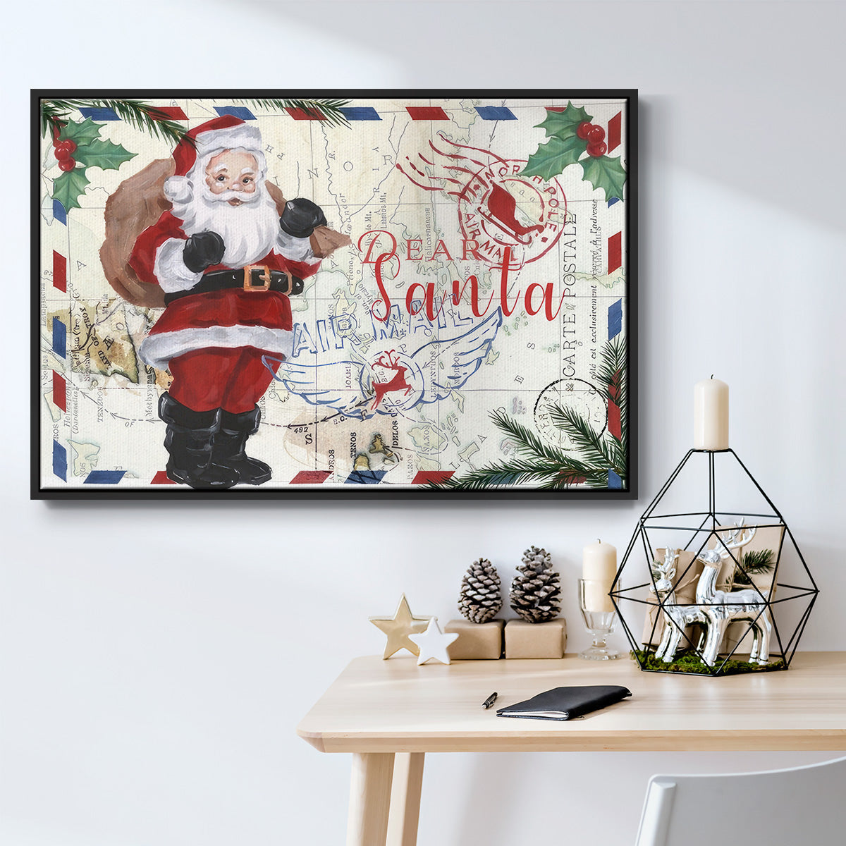 Christmas Par Avion Collection A - Framed Gallery Wrapped Canvas in Floating Frame