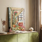 Canvas art print of a decorative room with objects arranged in bold color styled in a home decor setting.