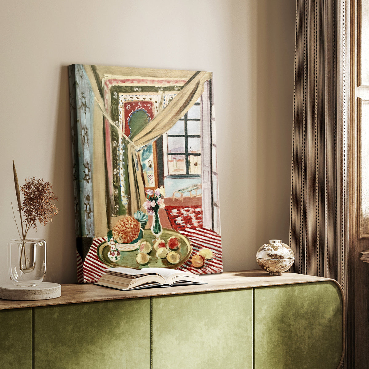 Canvas art print of a decorative room with objects arranged in bold color styled in a home decor setting.