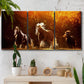 Three-panel canvas wall art featuring running horses across open field, displayed in a boho-chic entryway above a console table.