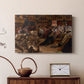Canvas wall art displaying a crowded hall with a woman kneeling in distress in a warm, ambient interior.