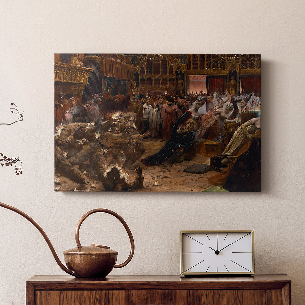 Canvas wall art displaying a crowded hall with a woman kneeling in distress in a warm, ambient interior.