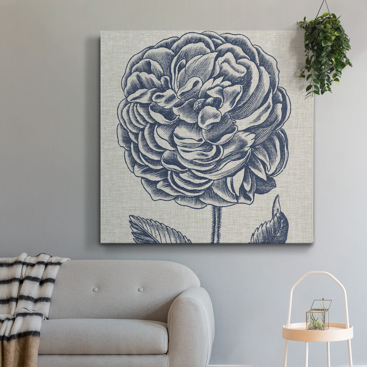 Indigo Floral on Linen V - Canvas Art Print