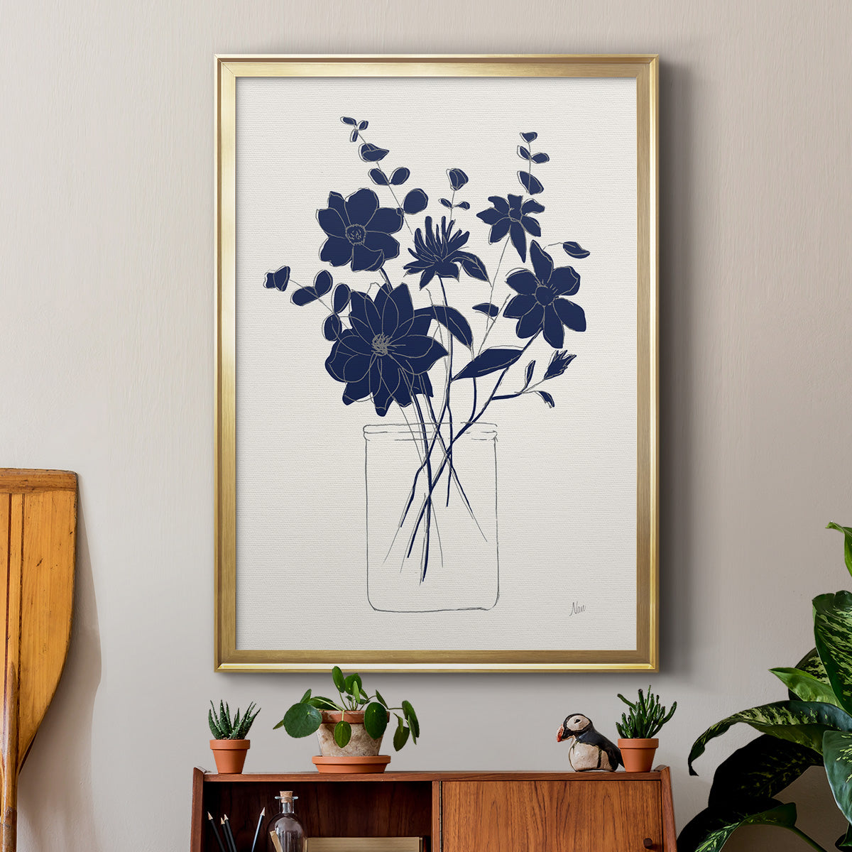 Indigo Sketch Bouquet II - Modern Framed Canvas Print