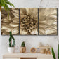 Three-panel canvas wall art featuring monochrome floral linework composition, displayed in a boho-chic entryway above a console table.