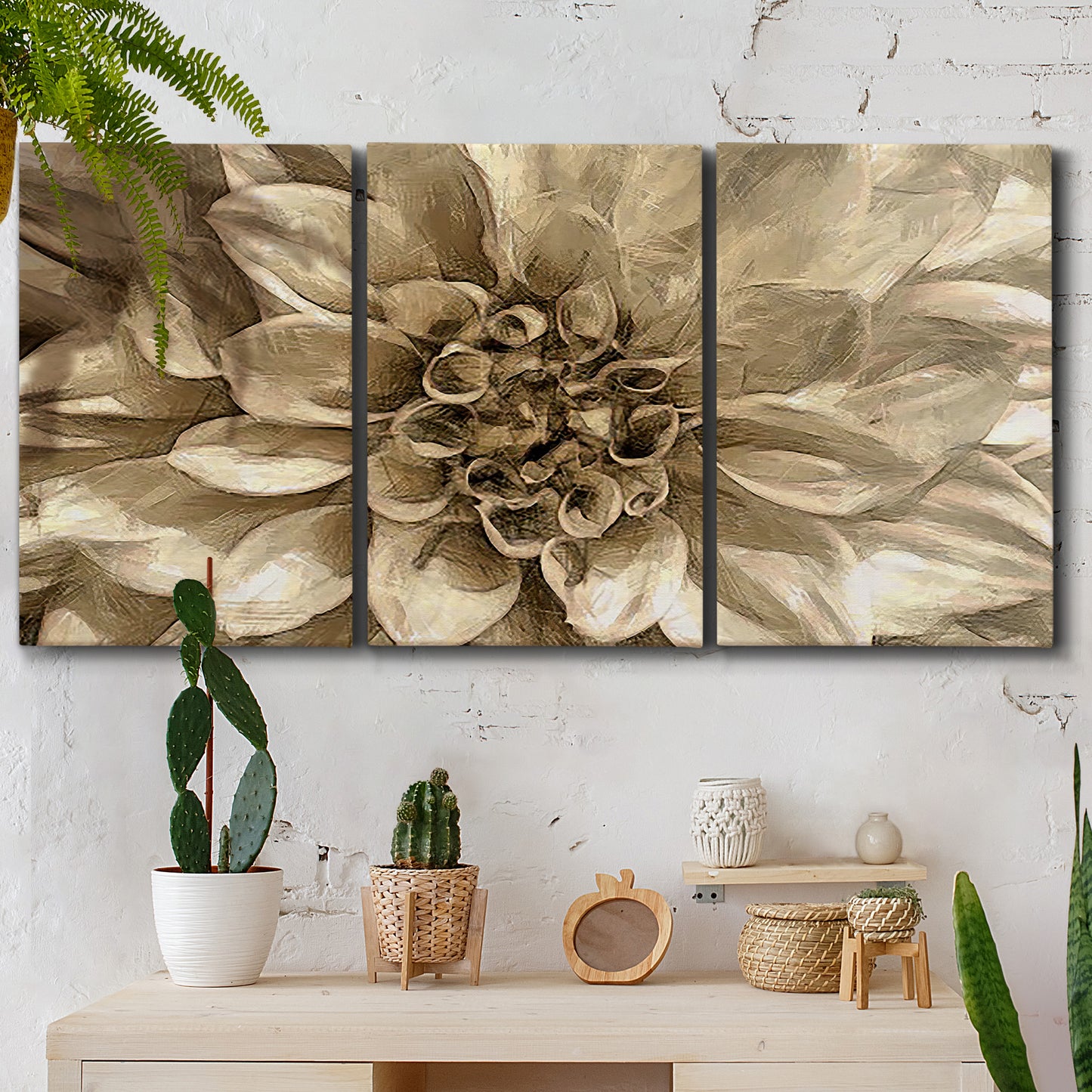 Three-panel canvas wall art featuring monochrome floral linework composition, displayed in a boho-chic entryway above a console table.
