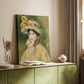 Canvas art print of a figure in a large hat with delicate brushwork and warm light styled in a home decor setting.