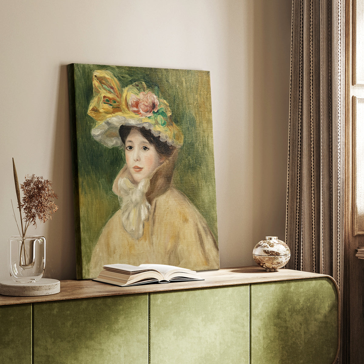 Canvas art print of a figure in a large hat with delicate brushwork and warm light styled in a home decor setting.