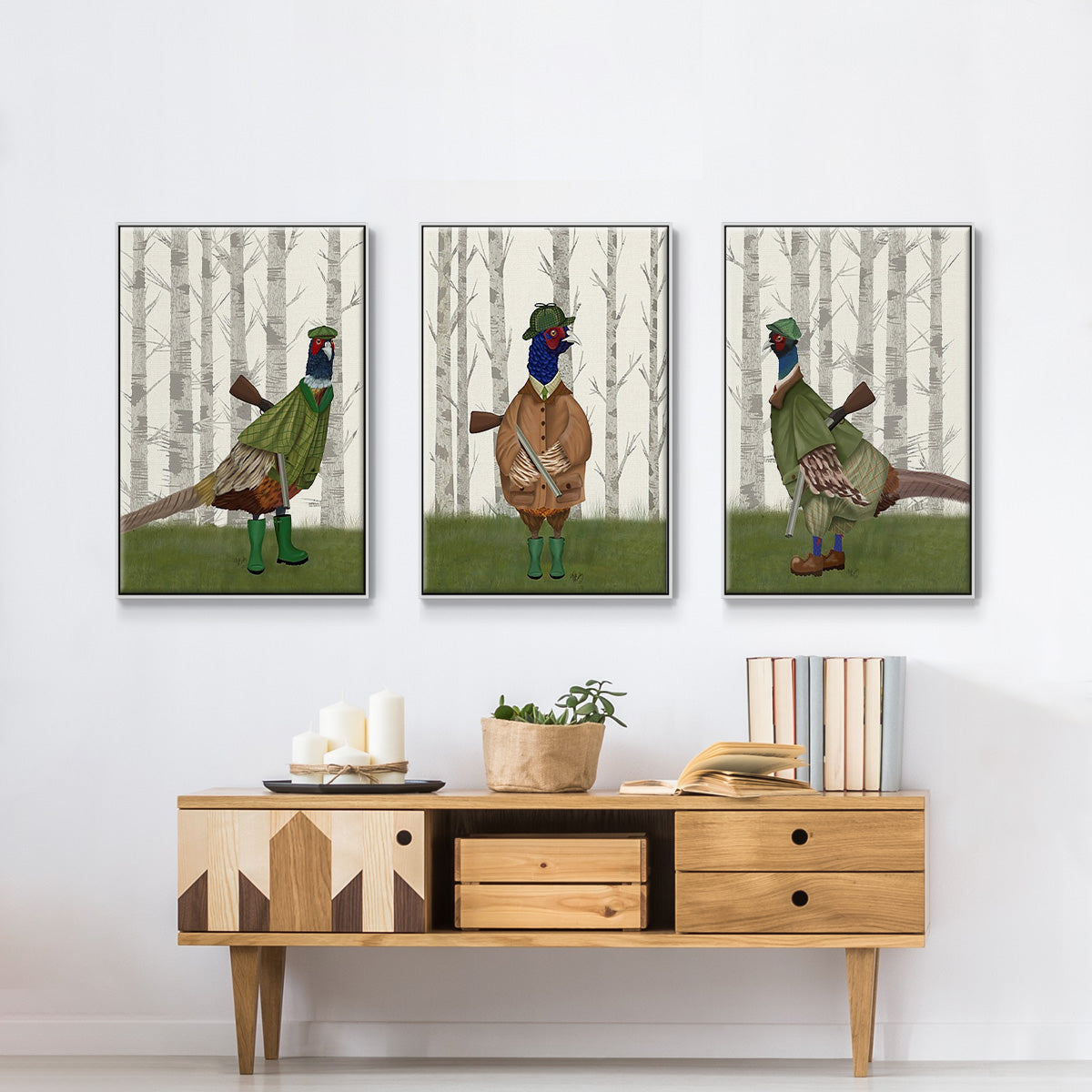 Pheasant Shooting Party 1 - Framed Premium Gallery Wrapped Canvas L Frame 3 Piece Set - Ready to Hang