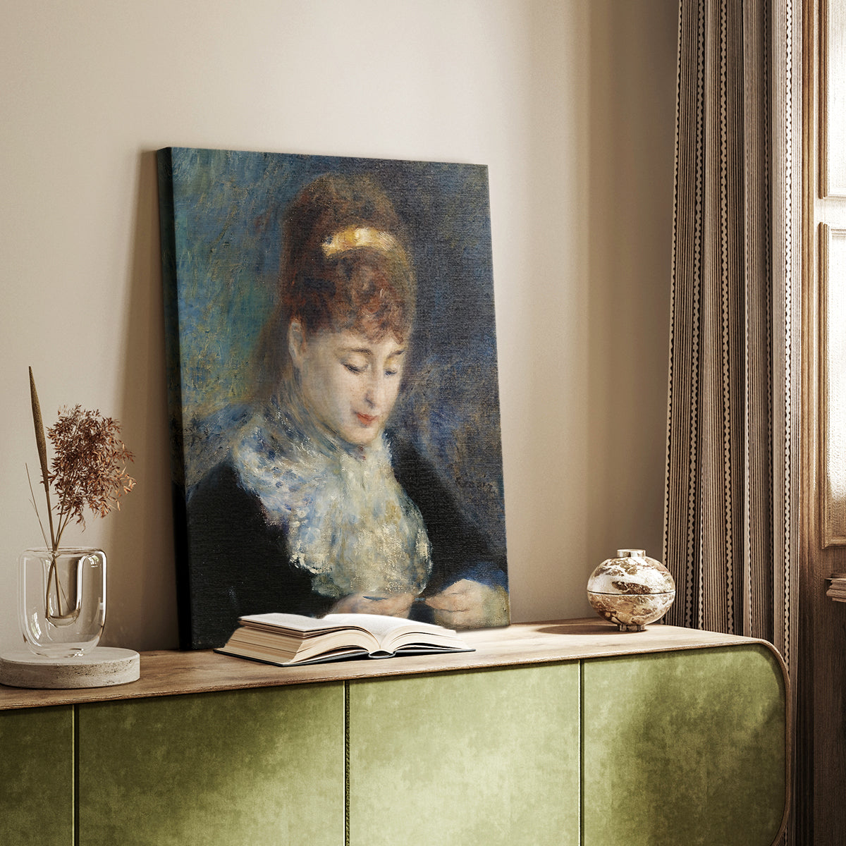 Canvas art print of a figure focused on needlework in a peaceful interior styled in a home decor setting.