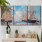 Three-panel canvas wall art featuring harbor with boats and water, displayed in a boho-chic entryway above a console table.