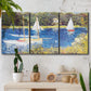 Three-panel canvas wall art featuring river scene with reflections, displayed in a boho-chic entryway above a console table.