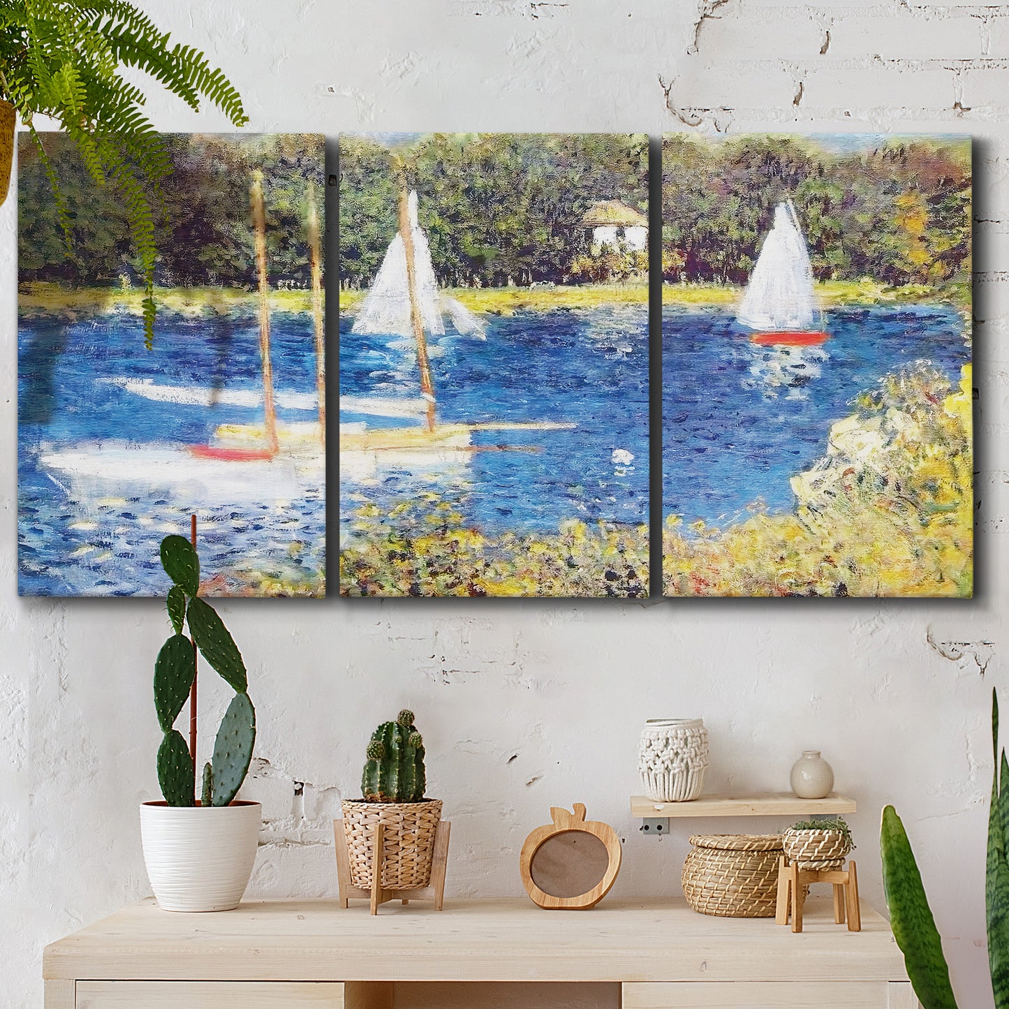 Three-panel canvas wall art featuring river scene with reflections, displayed in a boho-chic entryway above a console table.