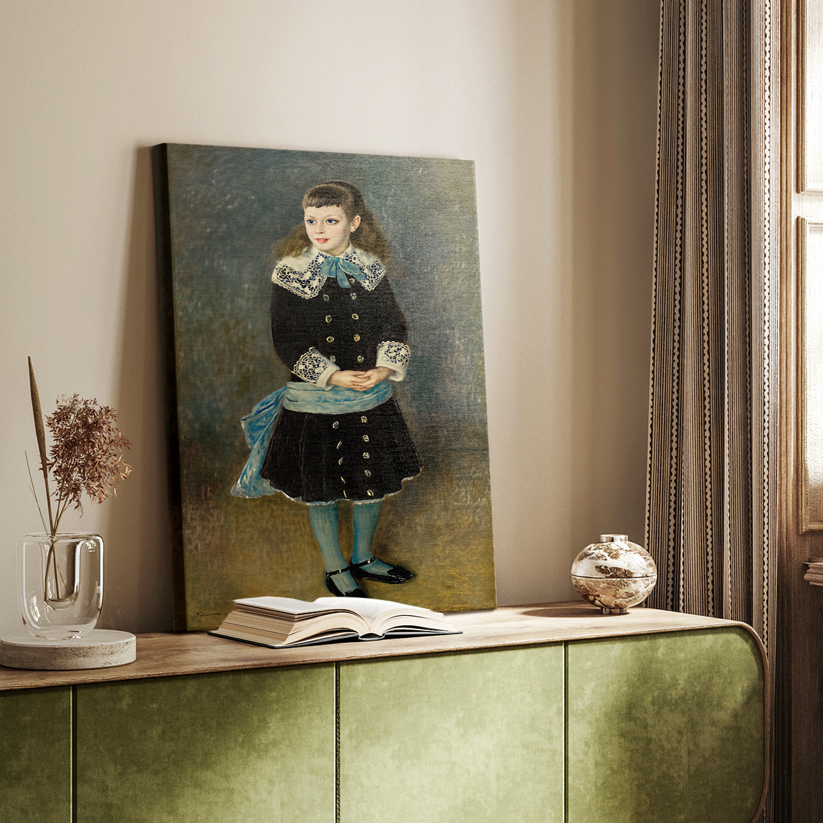Canvas art print of a gentle child portrait with subtle color and calm expression styled in a home decor setting.