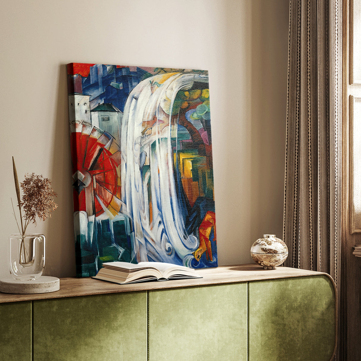 Canvas art print of a dynamic composition with architectural elements and color planes styled in a home decor setting.