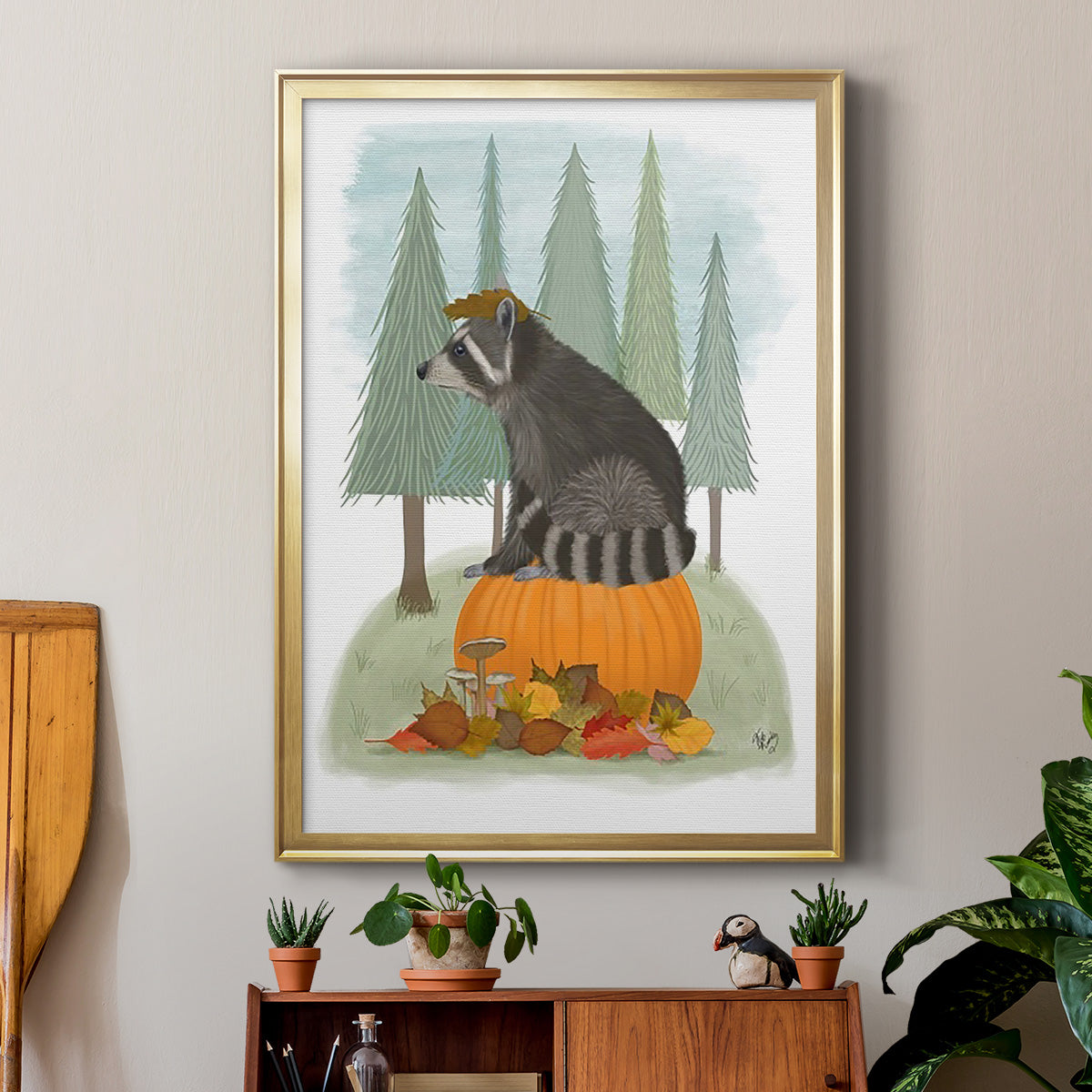 Raccoon On Pumpkin - Modern Framed Canvas Print