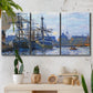 Three-panel canvas wall art featuring industrial dock along harbor, displayed in a boho-chic entryway above a console table.