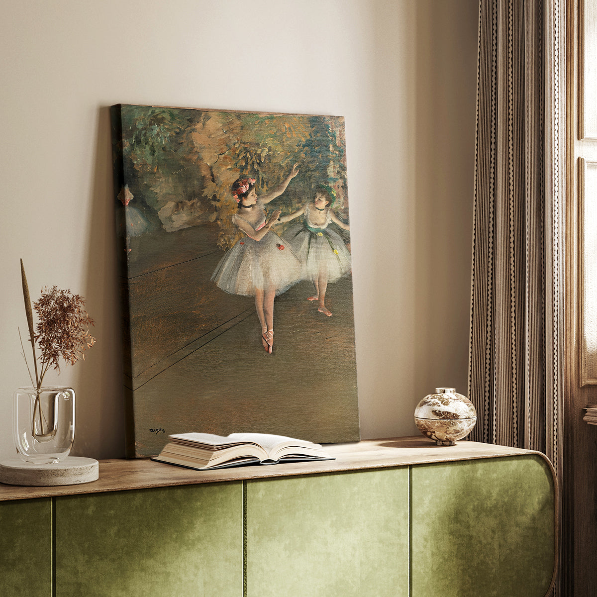 Canvas art print of a theatrical moment with dancers under warm stage lighting styled in a home decor setting.