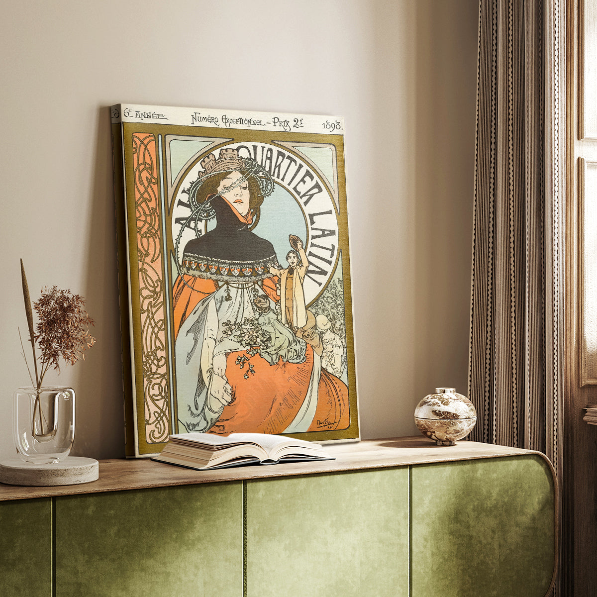 Canvas art print of a vintage advertisement featuring a stylized female figure and text styled in a home decor setting.