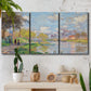 Three-panel canvas wall art featuring formal city park with trees, displayed in a boho-chic entryway above a console table.
