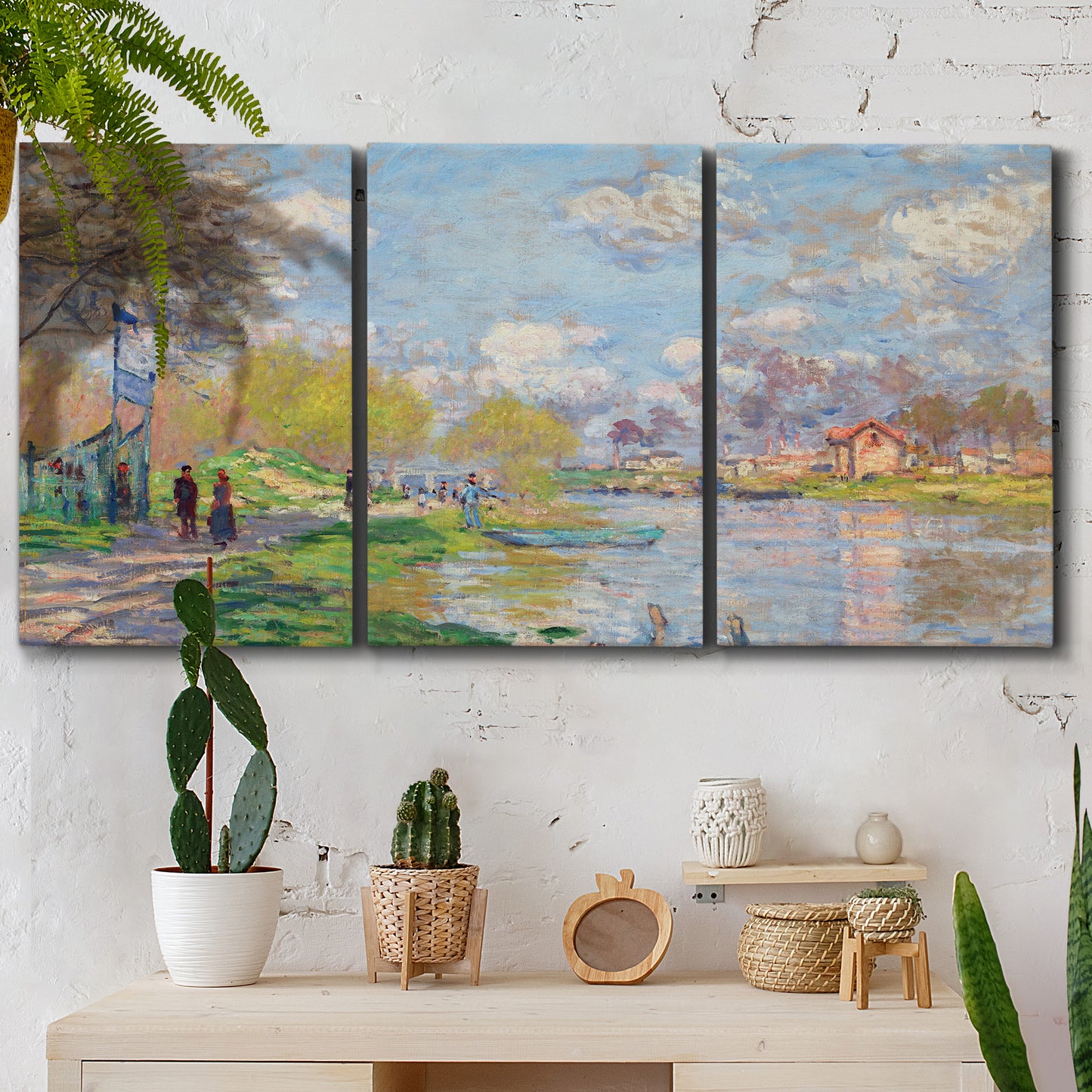 Three-panel canvas wall art featuring formal city park with trees, displayed in a boho-chic entryway above a console table.