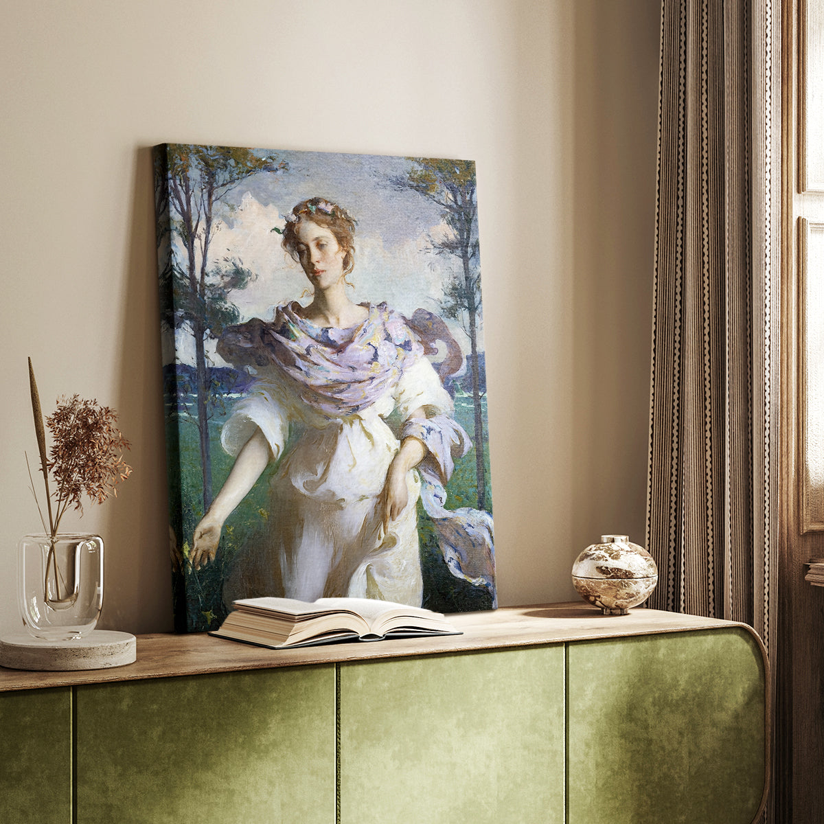 Canvas art print of a bright composition with movement and natural light styled in a home decor setting.