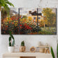 Three-panel canvas wall art featuring farm buildings in rural normandy, displayed in a boho-chic entryway above a console table.