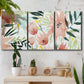 Three-panel canvas wall art featuring layered tropical plant collage, displayed in a boho-chic entryway above a console table.