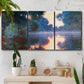Three-panel canvas wall art featuring misty river surface at dawn, displayed in a boho-chic entryway above a console table.