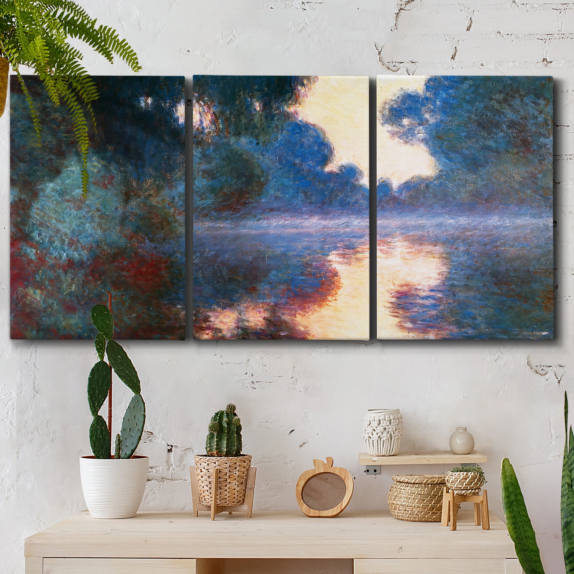 Three-panel canvas wall art featuring misty river surface at dawn, displayed in a boho-chic entryway above a console table.