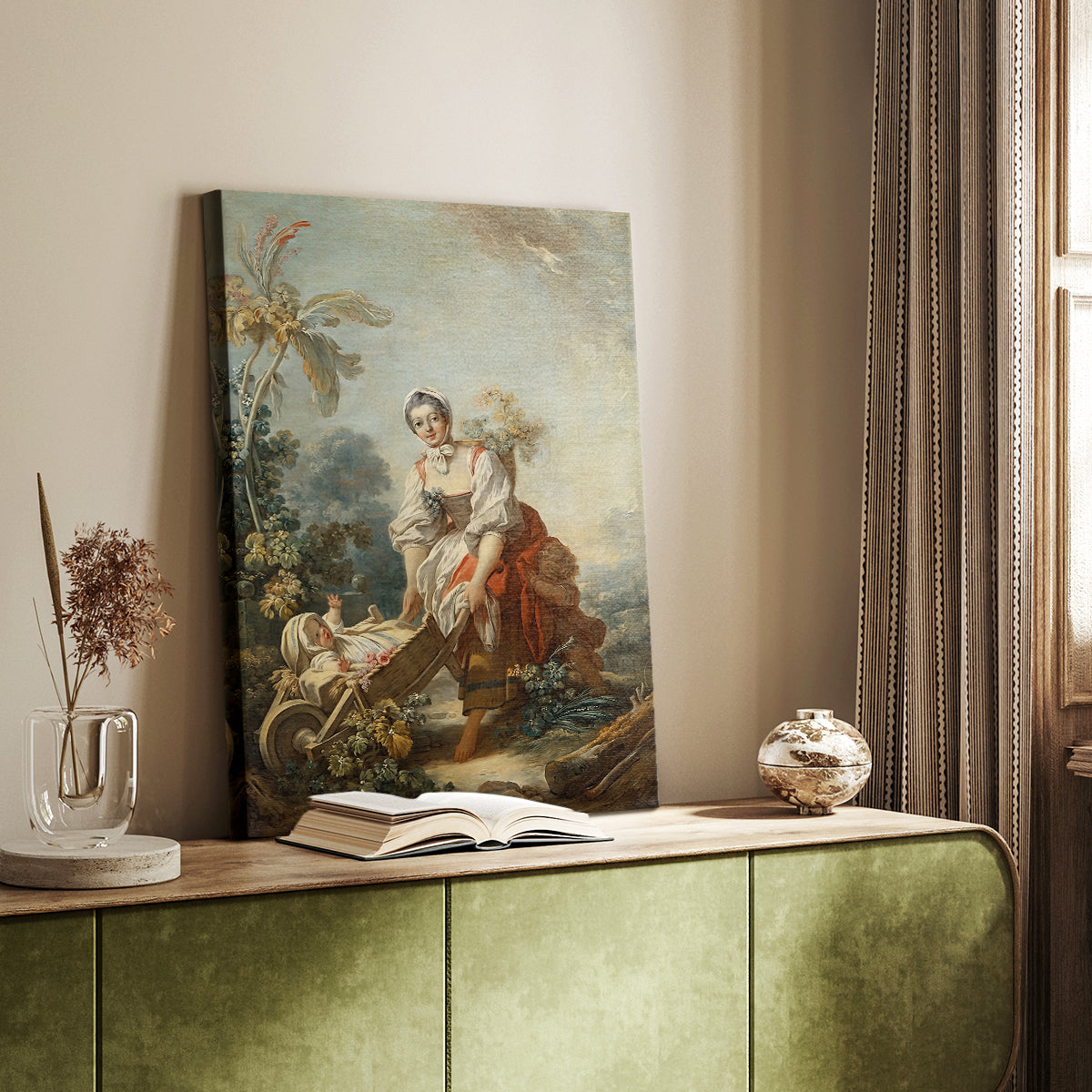 Canvas art print of a tender composition with figures in soft pastel tones styled in a home decor setting.