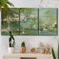 Three-panel canvas wall art featuring soft green water lilies, displayed in a boho-chic entryway above a console table.