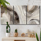 Three-panel canvas wall art featuring layered stone inspired abstract forms, displayed in a boho-chic entryway above a console table.