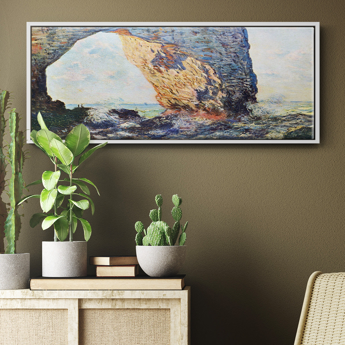 The rocky cliffs of Ã‰tretat (La Porte man) [1] by Monet - Floater Framed Canvas Print