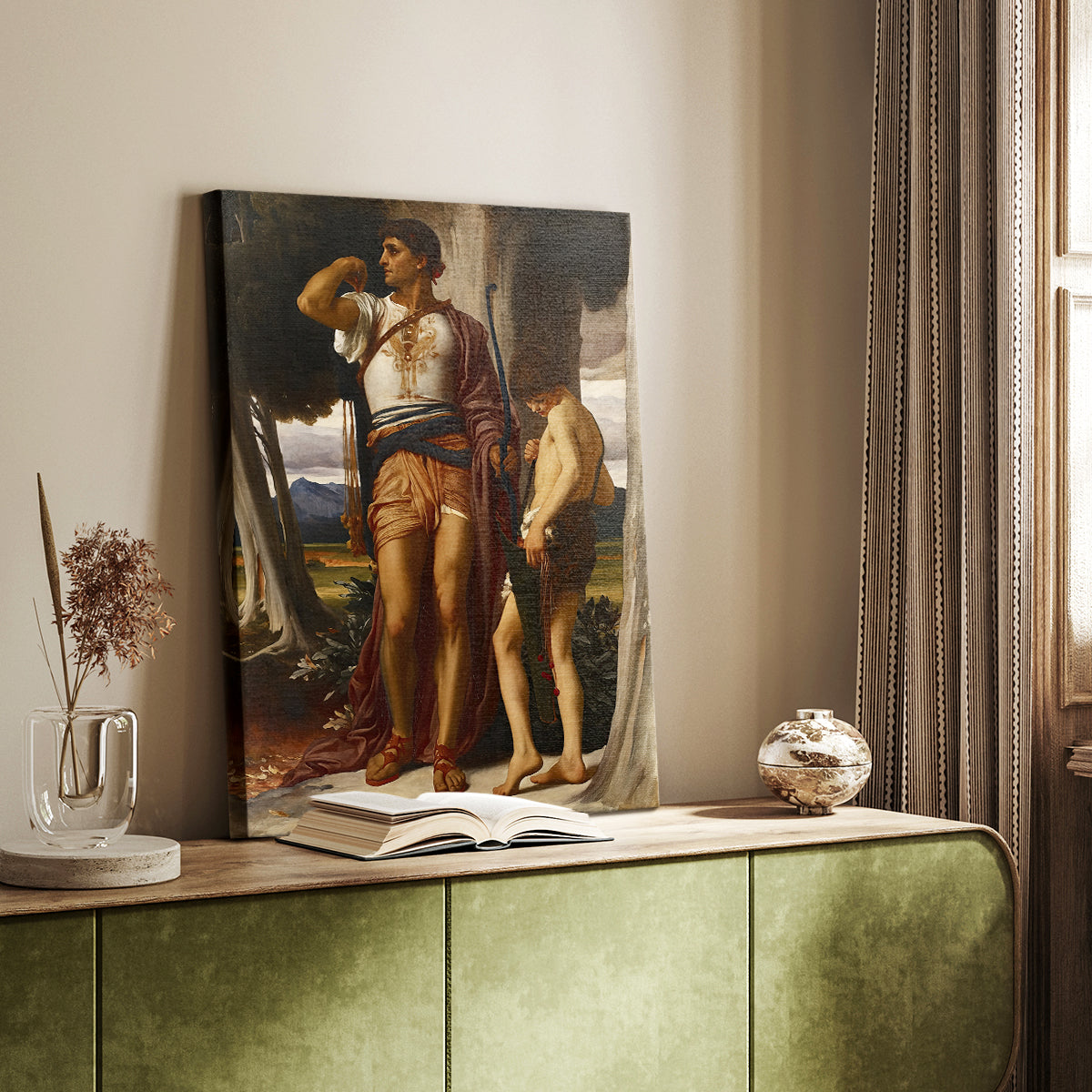 Canvas art print of a narrative composition with figures in soft light styled in a home decor setting.