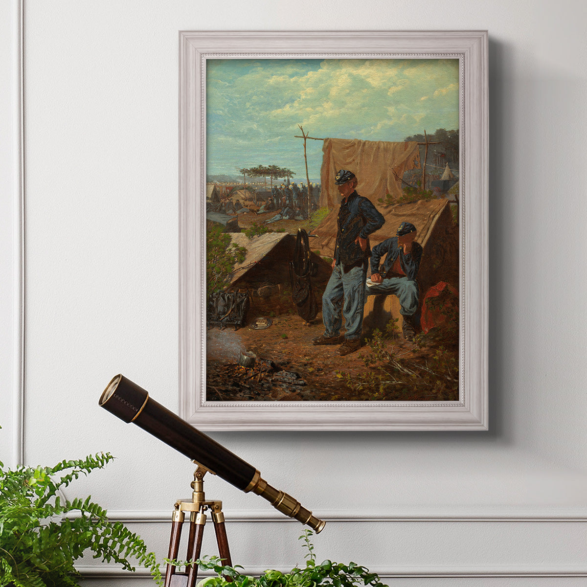 American genre scene of domestic life by Winslow Homer in an ornate weathered white frame displayed in a light-toned interior setting.