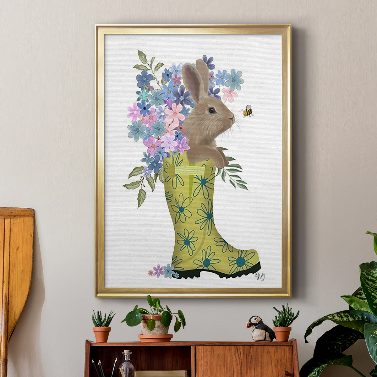 Welly Bunny And Bee - Modern Framed Canvas Print