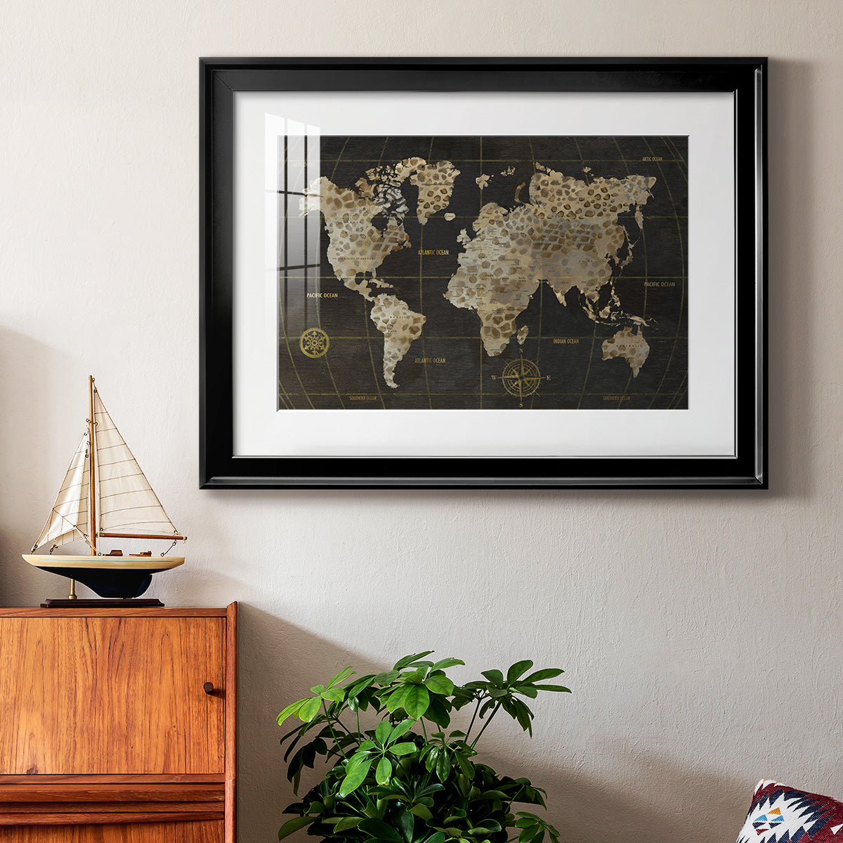 Safari World Map - Modern Framed Art Print