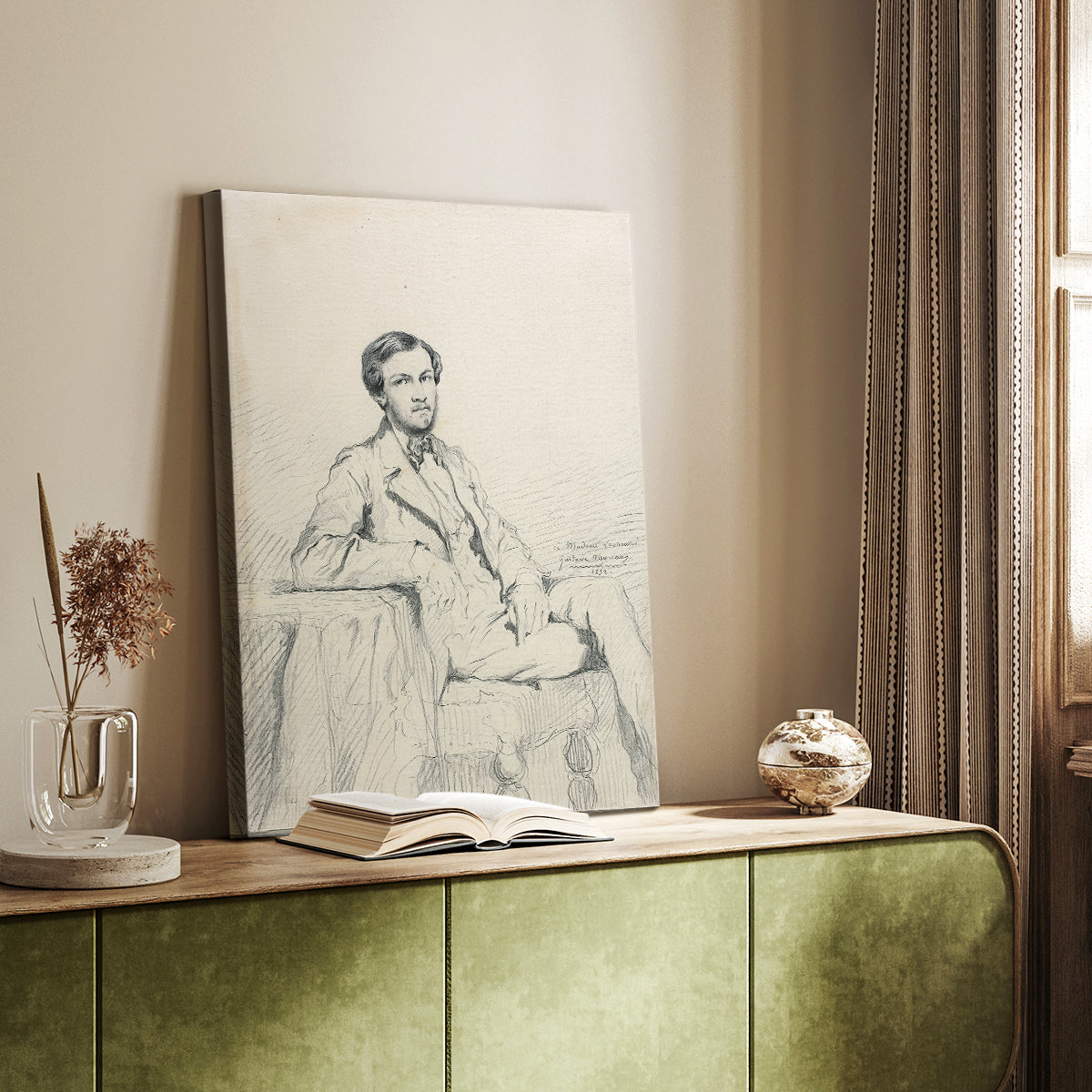 Canvas art print of a refined male figure with minimal shading and soft lines styled in a home decor setting.