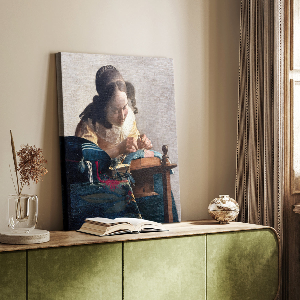Canvas art print of a focused figure working with fine thread in soft light styled in a home decor setting.