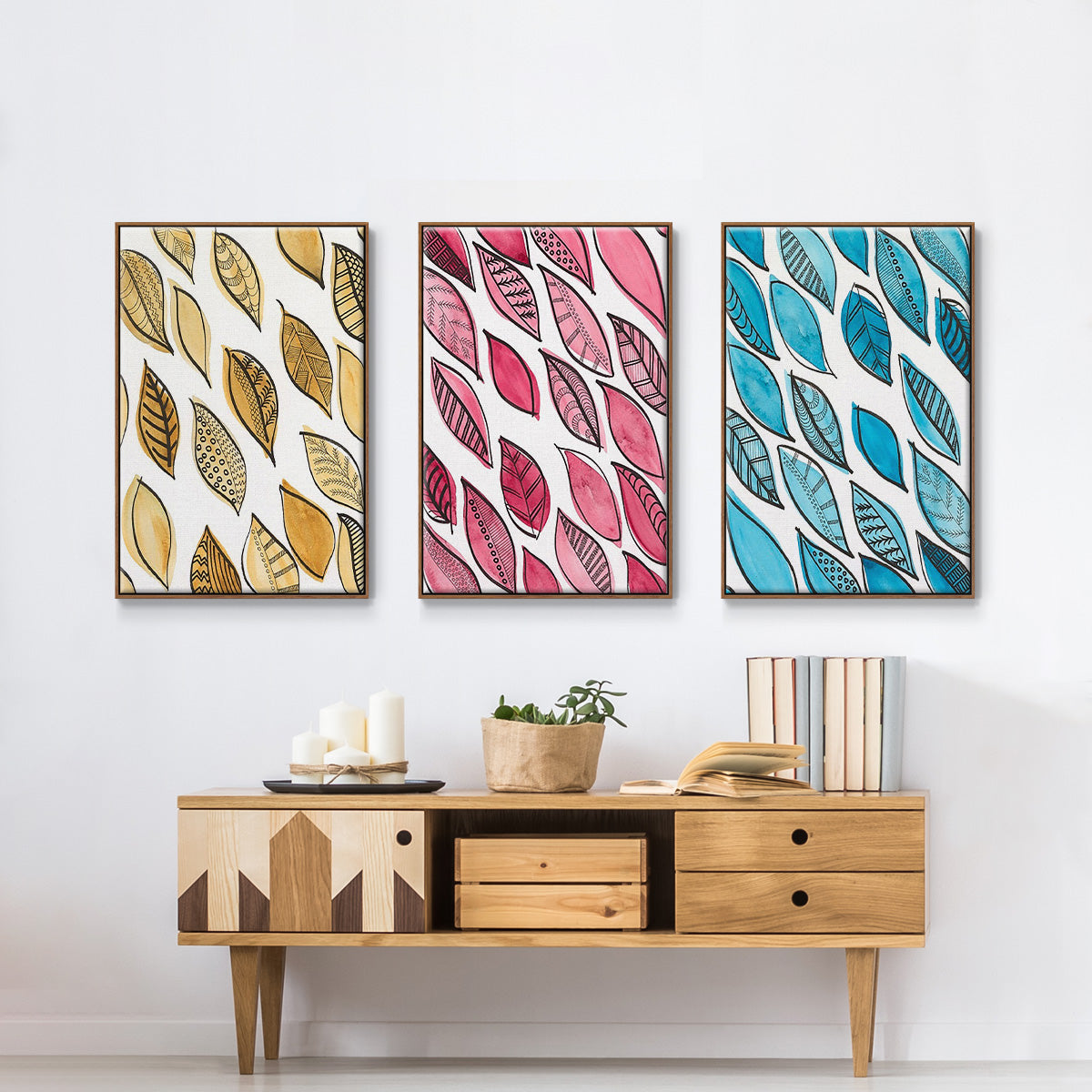 Patterned Leaf Shapes I - Framed Premium Gallery Wrapped Canvas L Frame 3 Piece Set - Ready to Hang