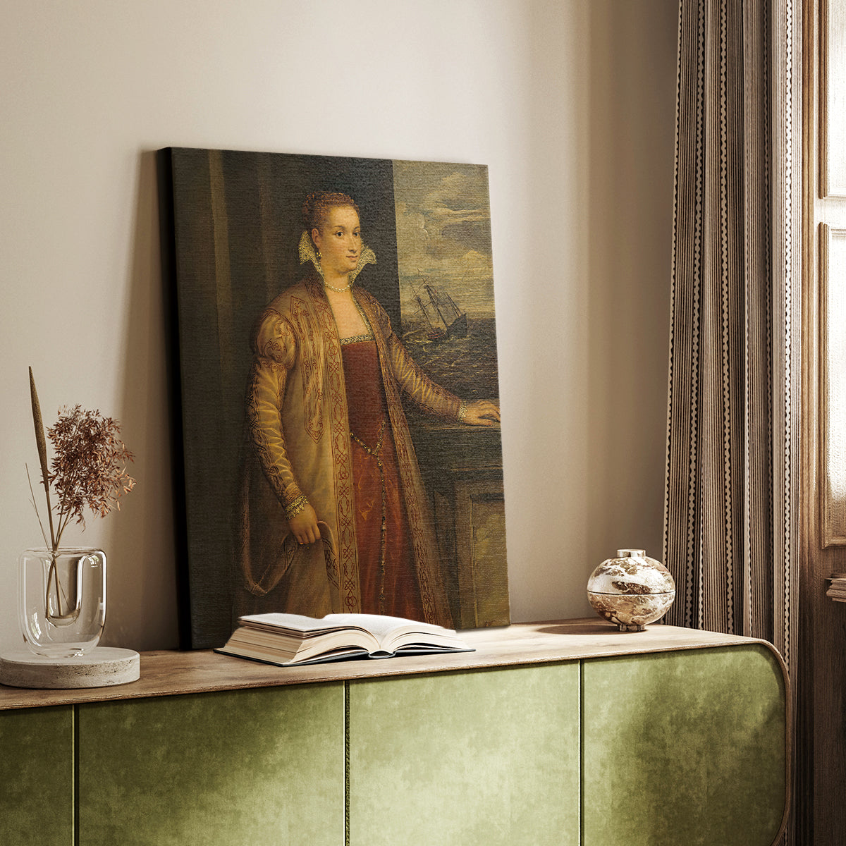 Canvas art print of a refined figure with smooth shading and gentle expression styled in a home decor setting.