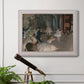 Impressionist backstage ballet scene by Edgar Degas in an ornate weathered white frame displayed in a light-toned interior setting.