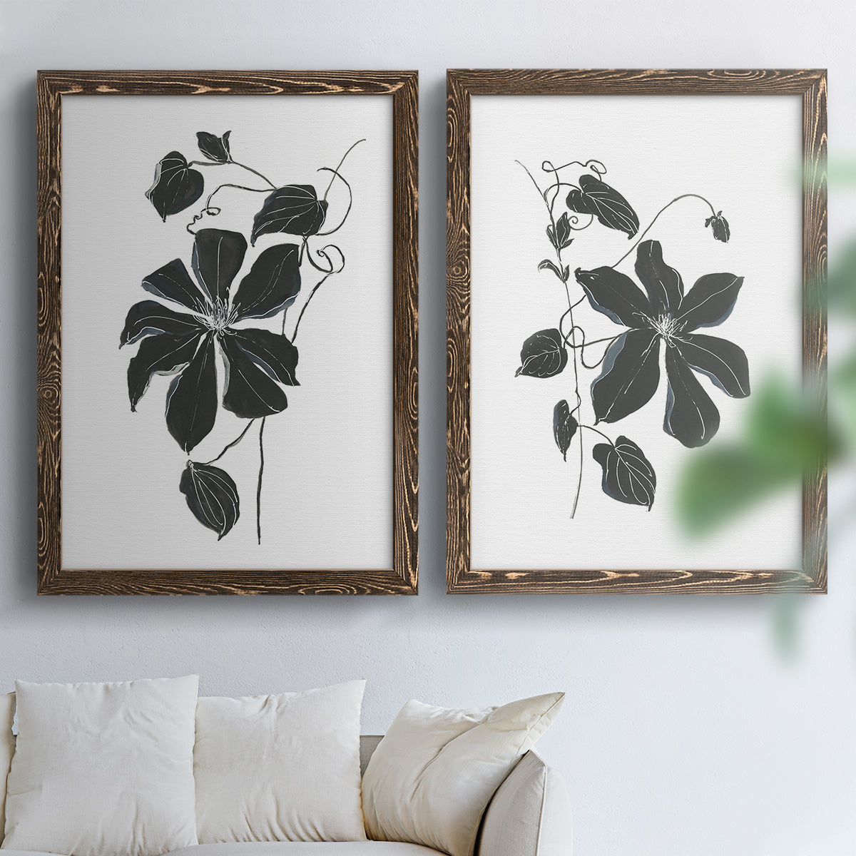 Set of two walnut barnwood framed canvas prints depicting bold dark leaves, curving stems, and clean white grounds arranged across two complementary compositions above a sofa in a bright living space.