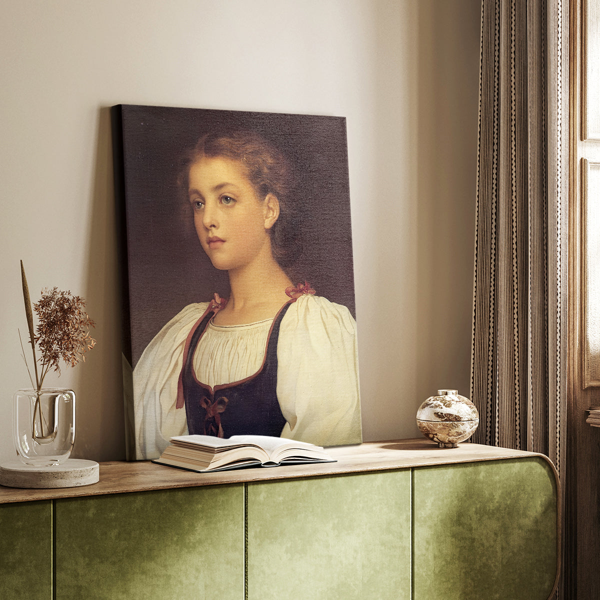 Canvas art print of a gentle female portrait with smooth shading and calm gaze styled in a home decor setting.