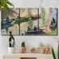 Three-panel canvas wall art featuring river scene with boats and reflections, displayed in a boho-chic entryway above a console table.