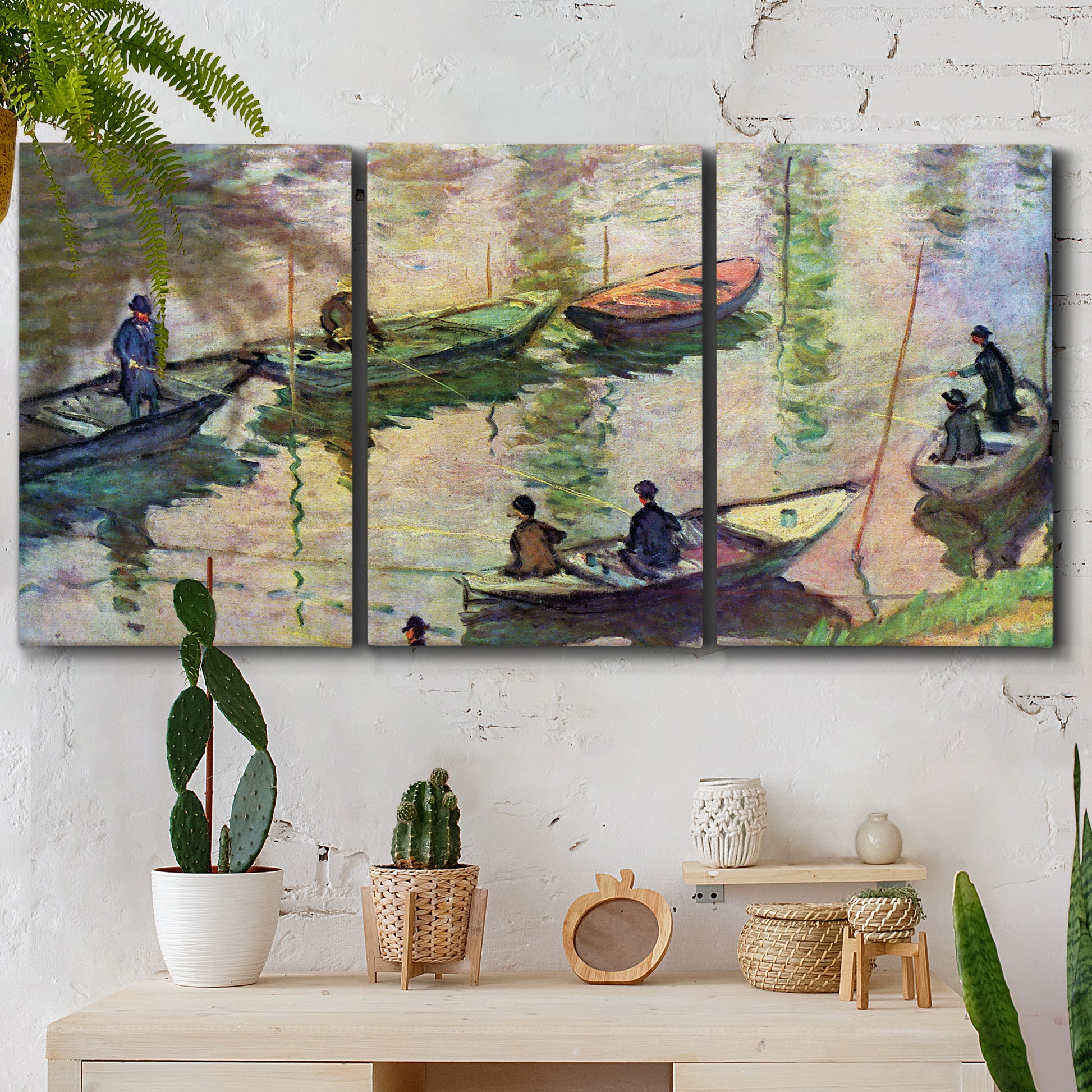 Three-panel canvas wall art featuring river scene with boats and reflections, displayed in a boho-chic entryway above a console table.