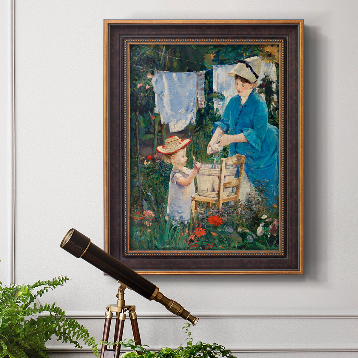 Intimate domestic genre scene by Édouard Manet in an ornate bronzed mahogany wood frame displayed in a light-toned interior setting.