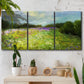 Three-panel canvas wall art featuring pastoral field with wildflowers, displayed in a boho-chic entryway above a console table.