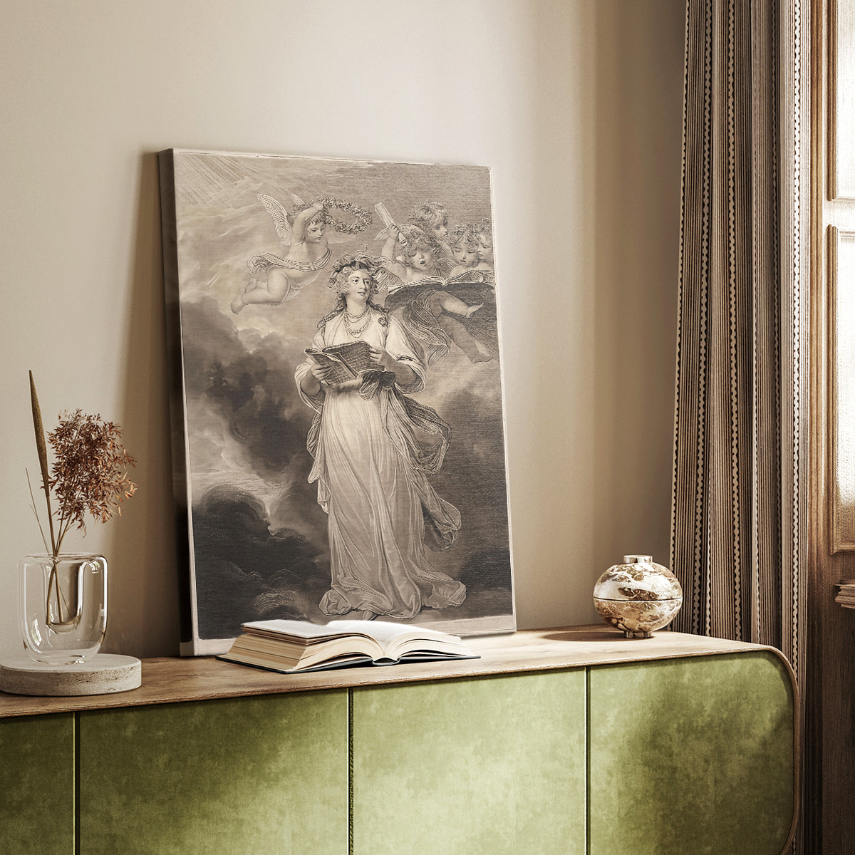 Canvas art print of a refined figure holding an instrument in a spiritual setting styled in a home decor setting.